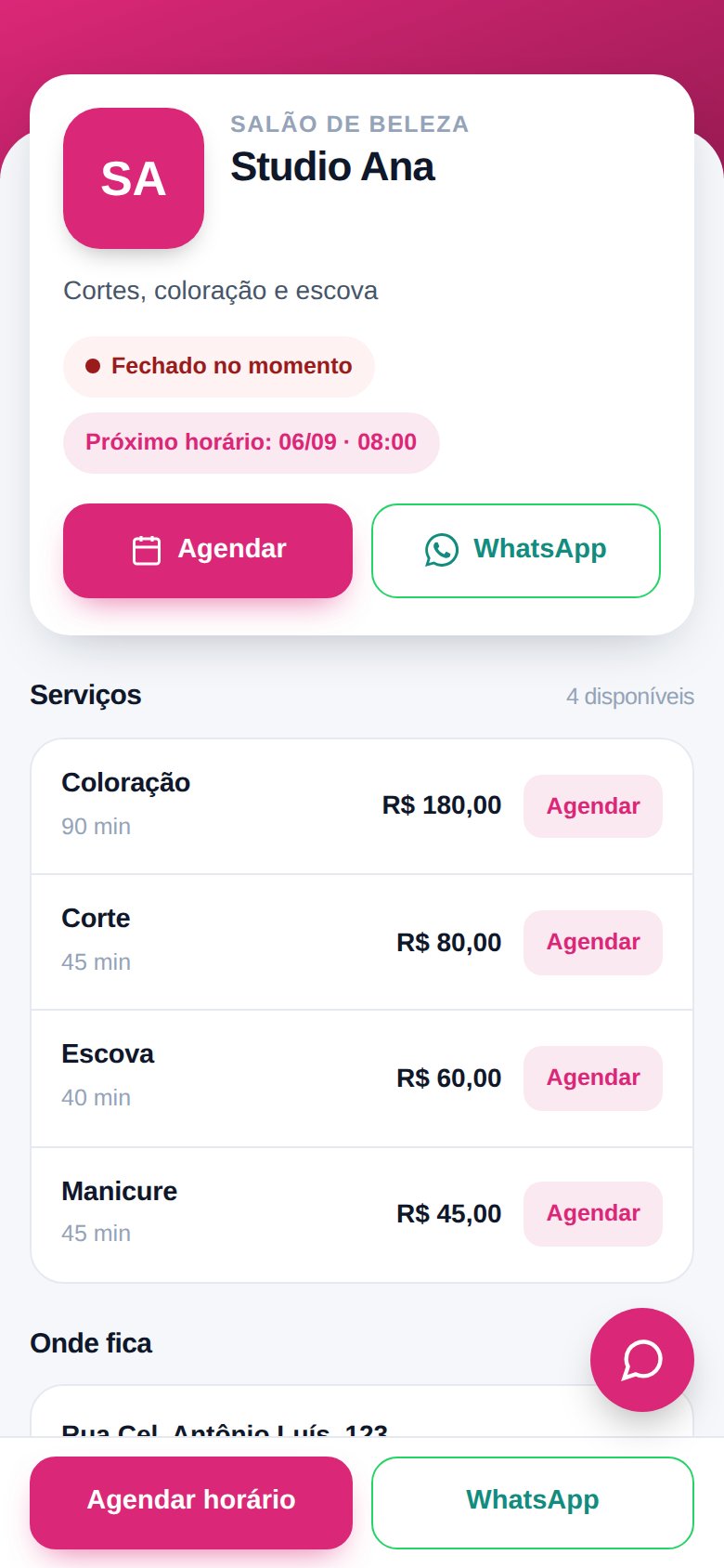 Página do salão no celular